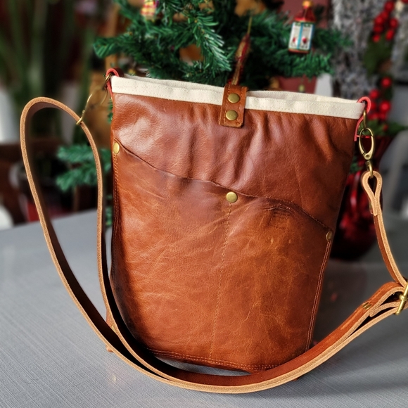 Handmade upcycled needlepoint & leather  purse - Picture 3 of 5